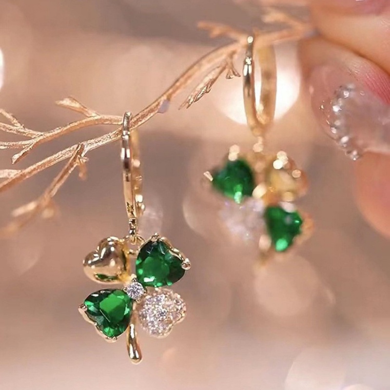 Khuyên Tai Hình Cỏ Bốn Lá Đính Đá zircon Màu Sắc Lấp Lánh Phong Cách Hàn Quốc Cho Nữ