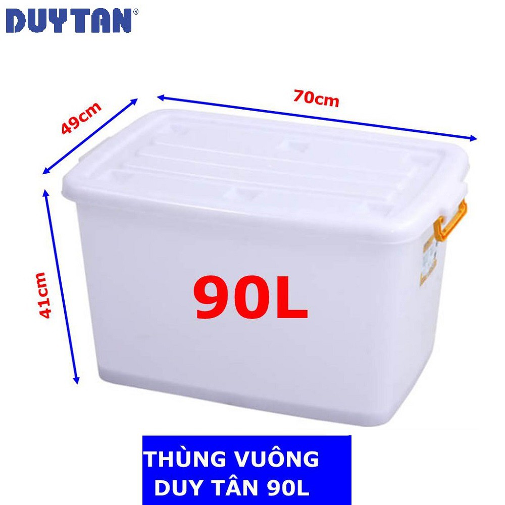 { THÙNG NHỰA 90 LÍT DUY TÂN CÓ BÁNH XE} Kích thước (Dài) x (Rộng) x (Cao) 70 x 49 x 41 cm. Được làm bằng nhựa PP bền đẹp