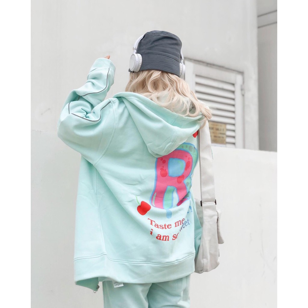 ÁO KHOÁC NỮ FORM RỘNG CHẤT NỈ NGOẠI DÁNG ÁO HOODIE IN HÌNH 2 MÀU HỒNG XANH HOT HIT