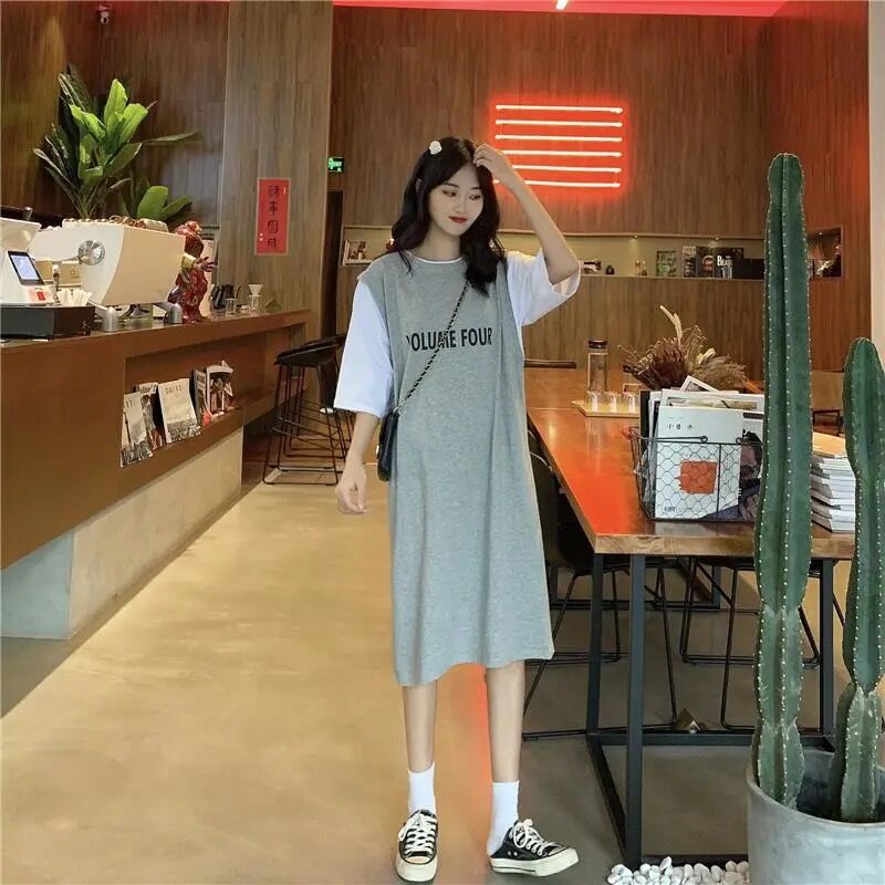 Đầm Tay Ngắn Dáng Rộng In Chữ Thời Trang Hàn Quốc