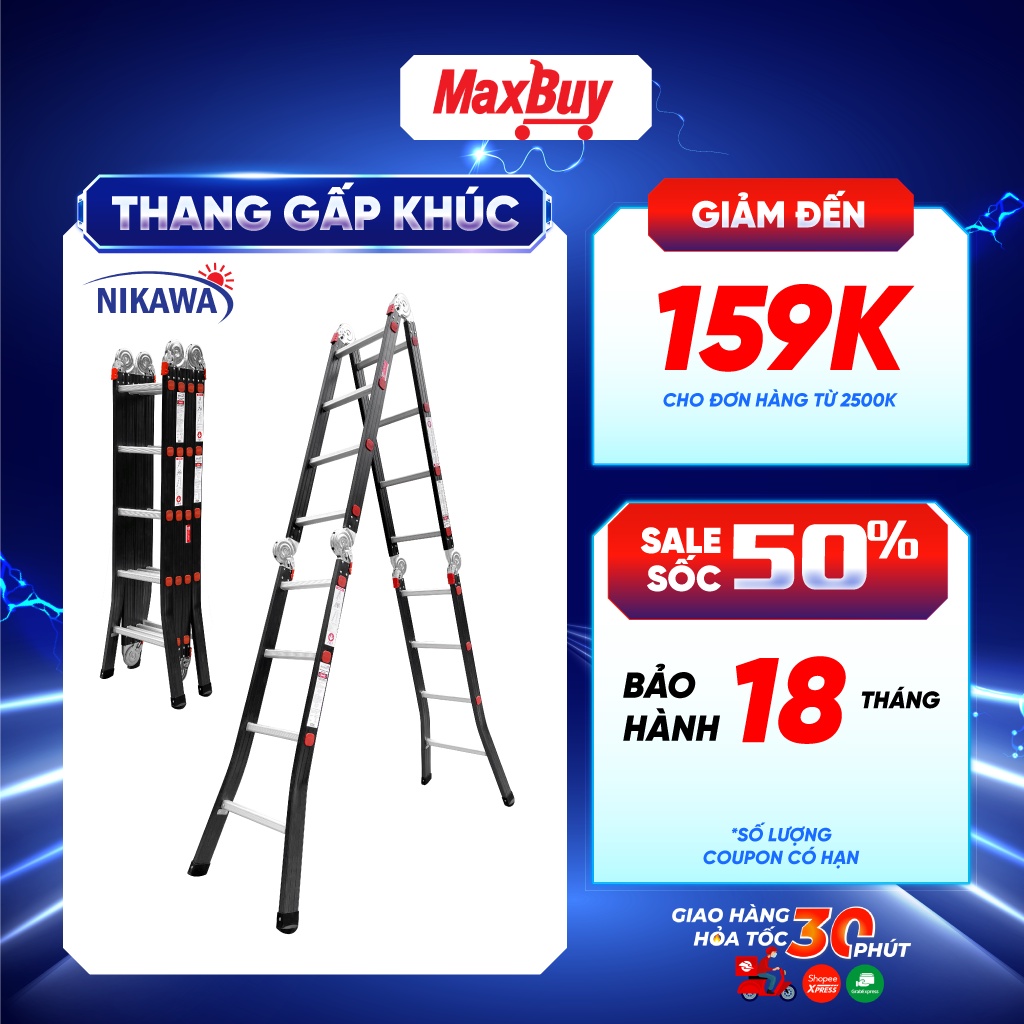 Thang nhôm gấp 4 đoạn chân choãi chiều cao chữ I 3,6m-6,48m đa năng nhập khẩu Nhật Bản NIKAWA NKG-C - Bảo hành 18 tháng
