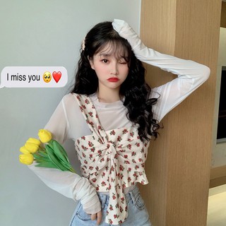 (ORDER) Set áo yếm hoa 1 dây thắt nơ điệu đà+ áo thun dài tay mỏng nhẹ style Hàn Quốc (MẪU MỚI 2020)