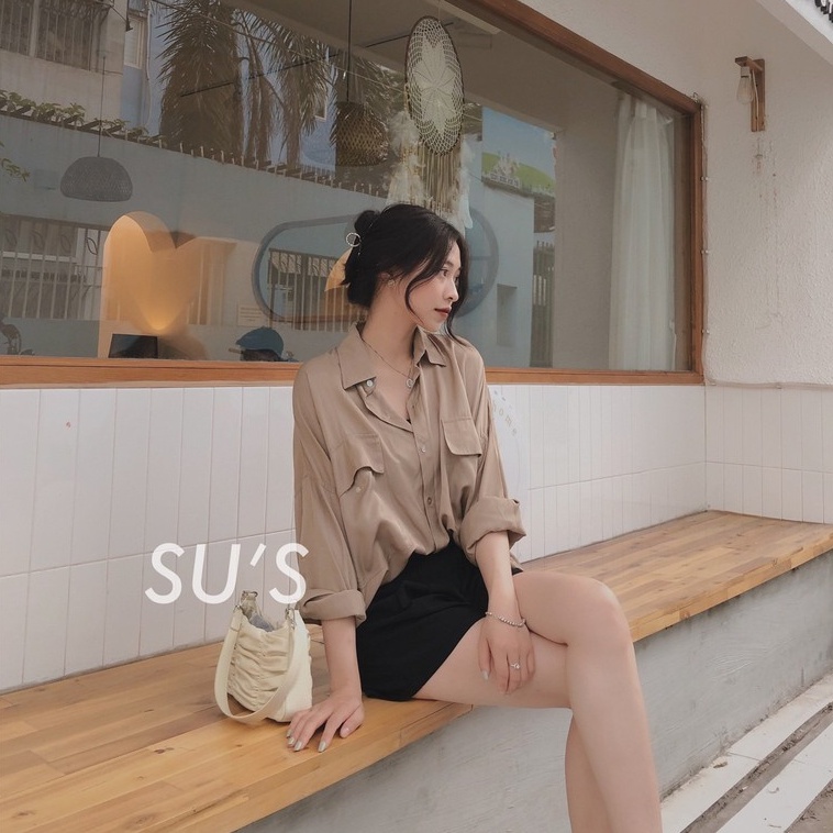 Áo sơ mi nữ form rộng dài tay Cheapy thô đũi 2 túi trắng nâu freesize dáng học sinh vintage Hàn Quốc C418