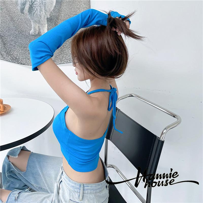 Set áo hai dây không tay hở lưng màu trơn + tay áo dành cho nữ