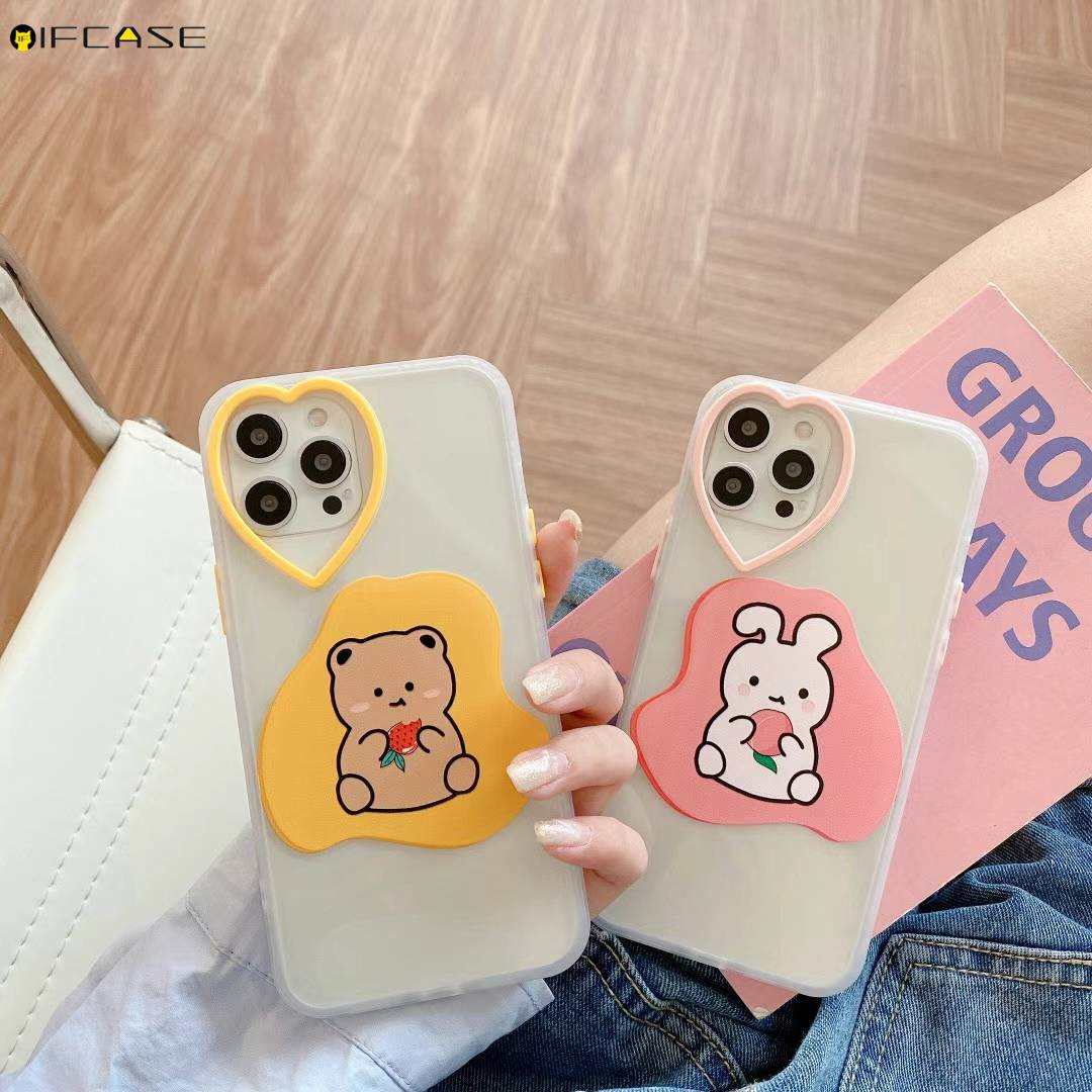 iPhone 12 11 Pro Max XS Max XR XS X 7 8 Plus Phone Case Love Loving Heart Camera Lens Hole Transparent Clear Cute Strawberry Peach Rabbit Bear Simple Soft TPU Casing Case Cover