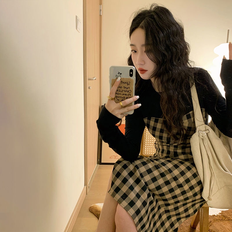 Set Váy Liền Kẻ Đen Vàng ⚡️ẢNH THẬT⚡️ Đầm Nữ Chất Cotton, Tay Dài, Dáng Xinh Cho Nữ