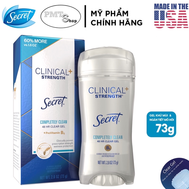 [USA] Lăn khử mùi nữ Secret Clinical Strength Clear Gel Completely Clean 73g , 45g - Mỹ