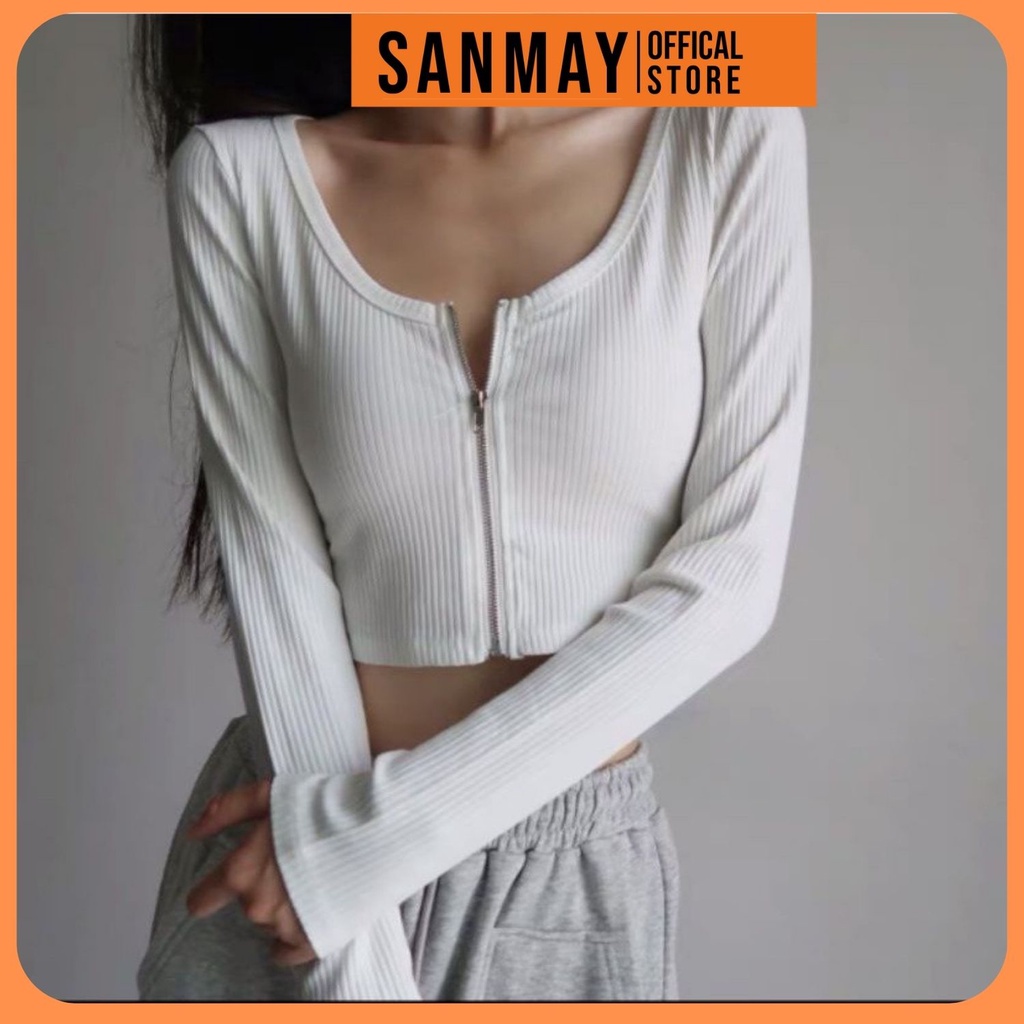 Áo Croptop Ôm Tay Dài SANJOLI Áo Kiểu Croptop Nữ Body Sexy Cổ Tim  Đẹp Bánh Bèo Trắng Đen AO036