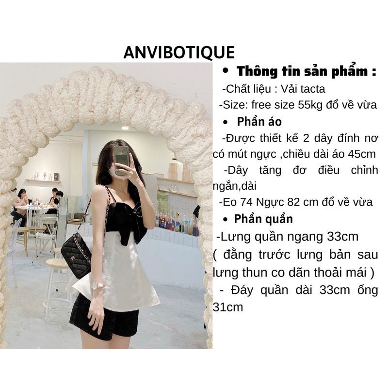 Set áo hai dây phối nơ + quần short đen (Size 40-53kg)