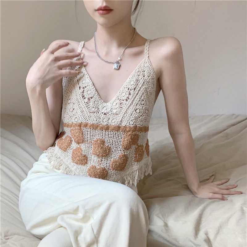 Áo Hai Dây Dệt Kim Cổ Chữ V Phối Tua Rua Quyến Rũ Cho Nữ