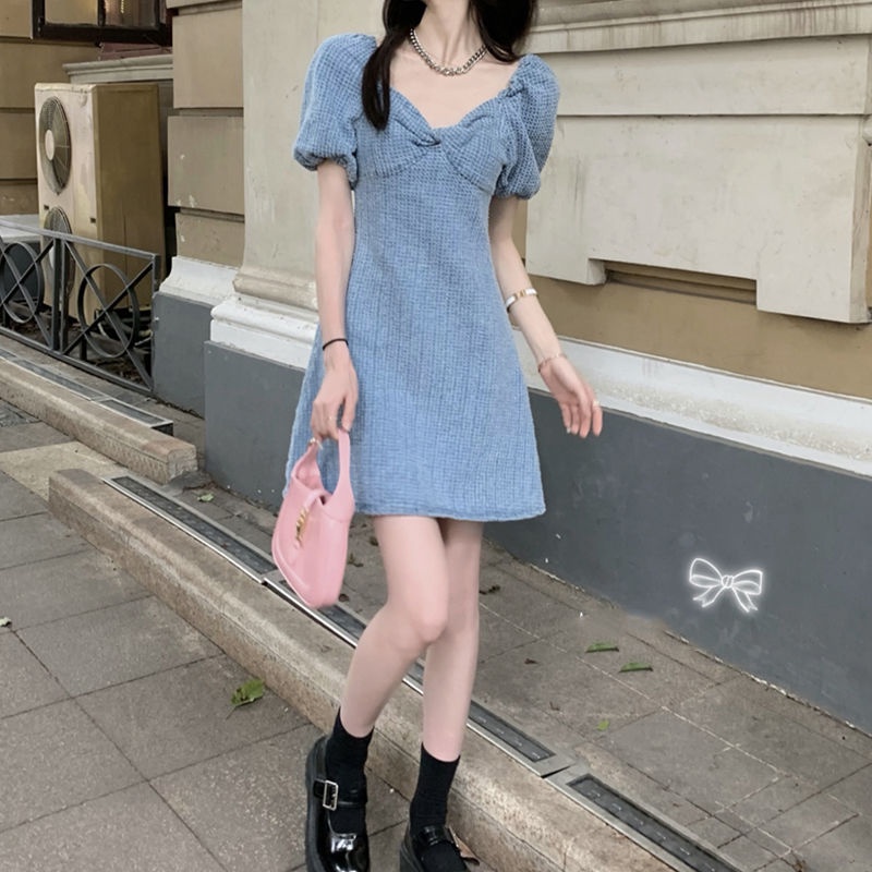 Đầm denim tay phồng cổ chữ v thời trang xinh xắn cho nữ