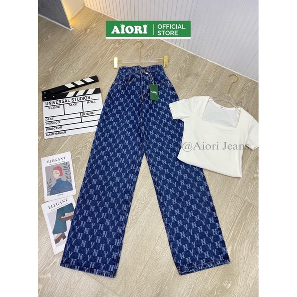 [CAO CẤP - ĐỦ 3 MÀU] Quần Jean Ống Đứng AIORI Lưng Cao Họa Tiết NY Thời Trang Hàn Quốc_Mã E003