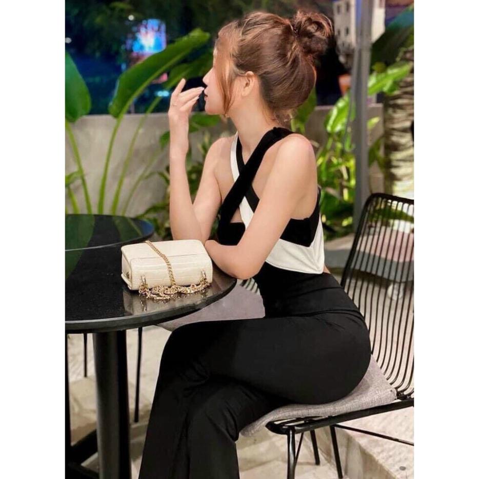 TBO-Jumpsuits Cổ Yếm Phối Trắng Đen Có Mút (Kèm Video Hình Thật) Tasa