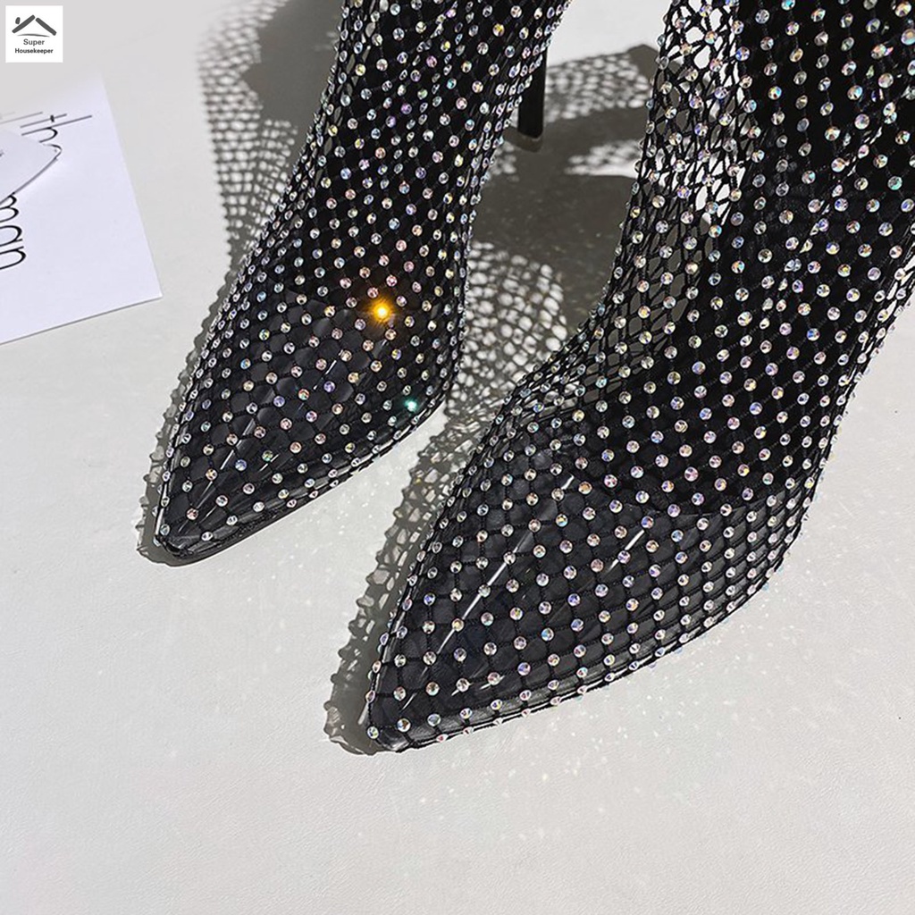 Giày bốt cao gót mũi nhọn vải lưới đính đá co giãn thời trang dành cho nữ