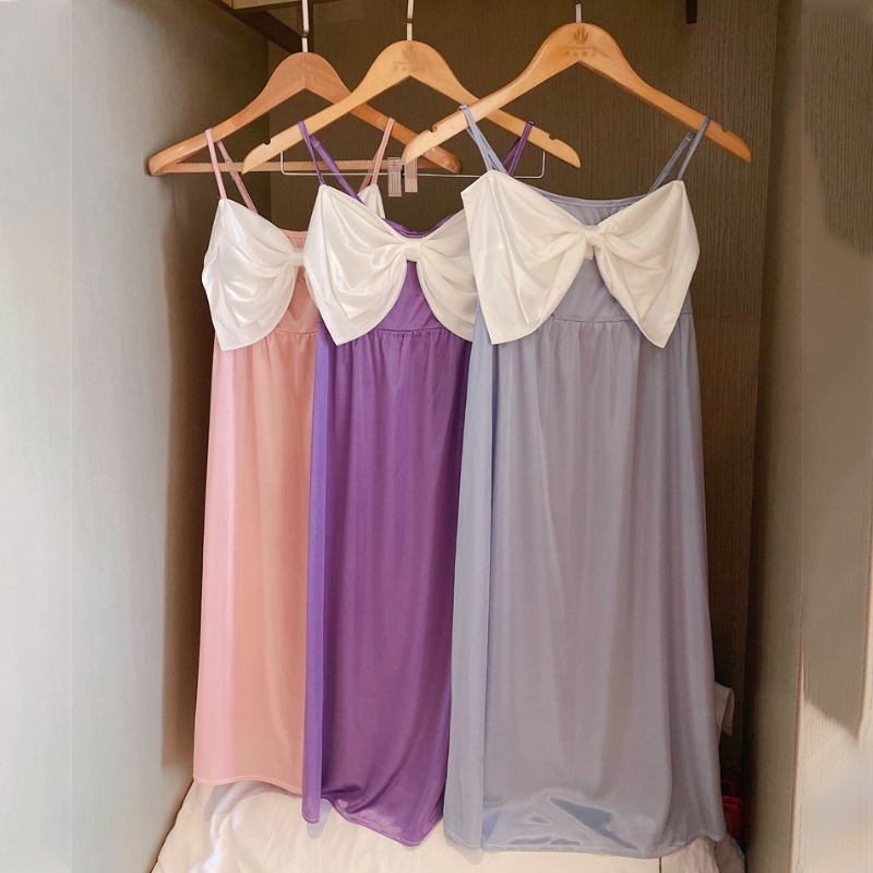 Đầm Ngủ Lụa Hai Dây Đính Nơ Thời Trang Mùa Hè Cho Nữ