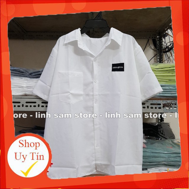 Áo SƠ MI NỮ form rộng cổ bẻ tay lỡ có túi dáng ulzzang freesize unisex thêu LOGO ĐEN 20 INCH màu trắng