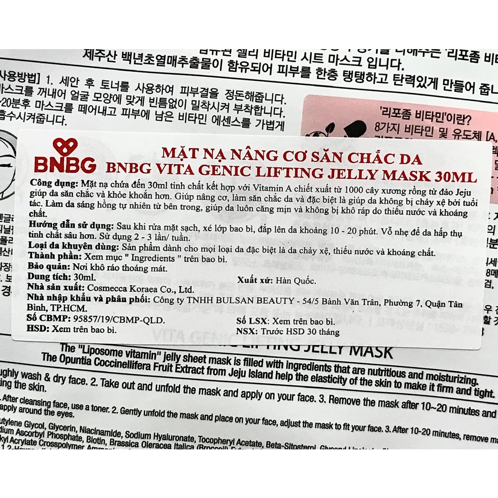 Combo 10 mặt nạ BNBG Vita Genic Lifting Jelly Mask săn chắc da 30ml NPP Shoptido