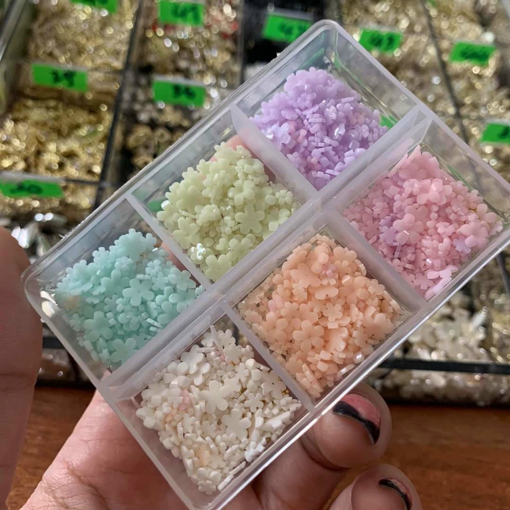 khay charm hoa nhí 6 màu hoa bi làm nail mix 6 ô trang trí nail
