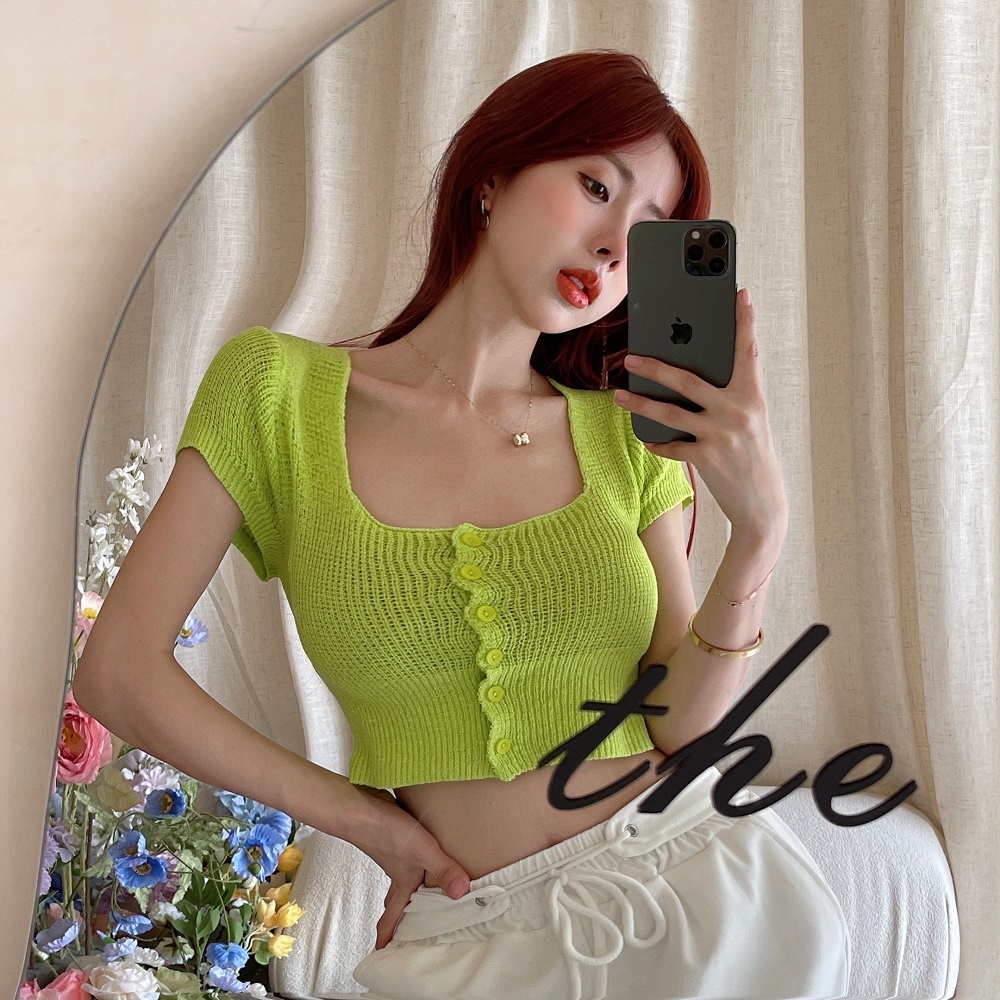 Áo croptop ZHELIHANGFEI dệt kim tay ngắn cổ vuông thiết kế quyến rũ thời trang dành cho nữ