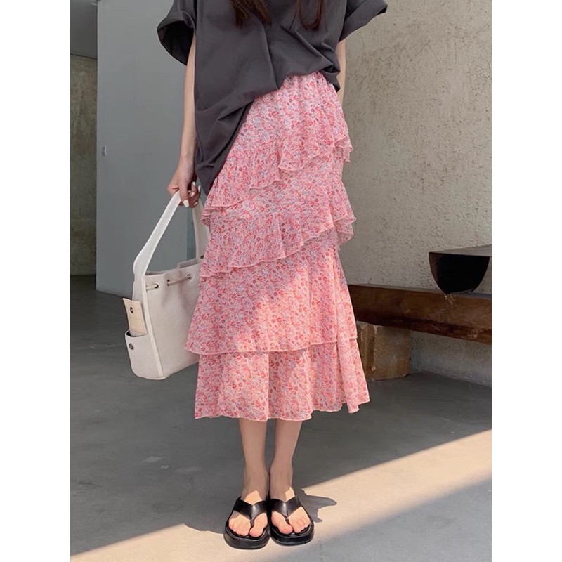 chân váy hoa nhí ulzzang xẻ tà phối tầng