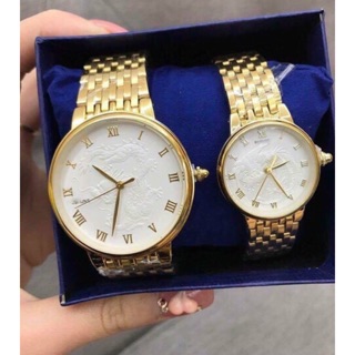 Đồng hồ nam nữ Baishuns mặt trắng họa tiết rồng phượng dây xích kim loại không gỉ