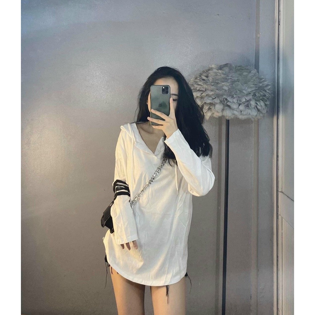 Áo mũ hoodie dáng thụng vạch tay cá tính chất đũi giấy mỏng