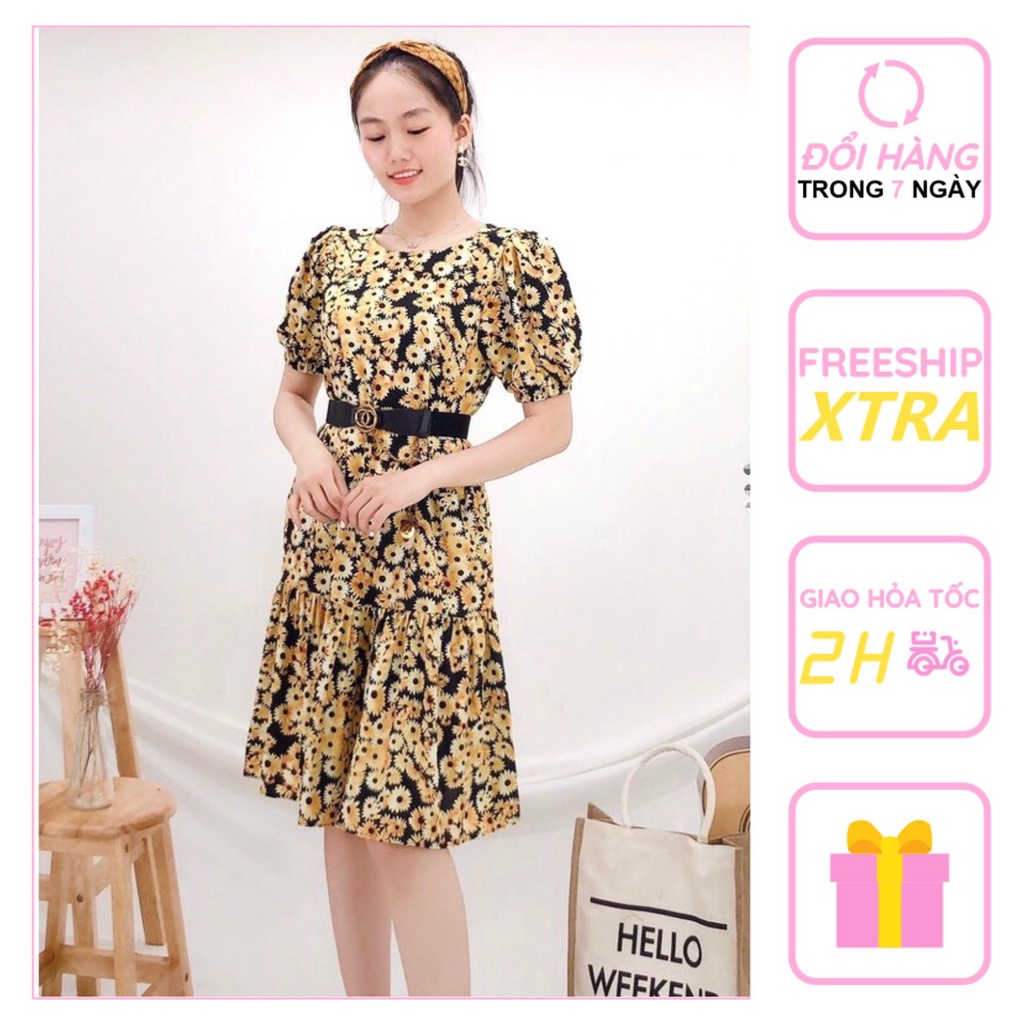 [FREESHIP 50K] Đầm Suông Lụa Nhistore Cổ Tròn Tay Phồng Họa Tiết Sang Có Túi Freesize Dưới 60kg