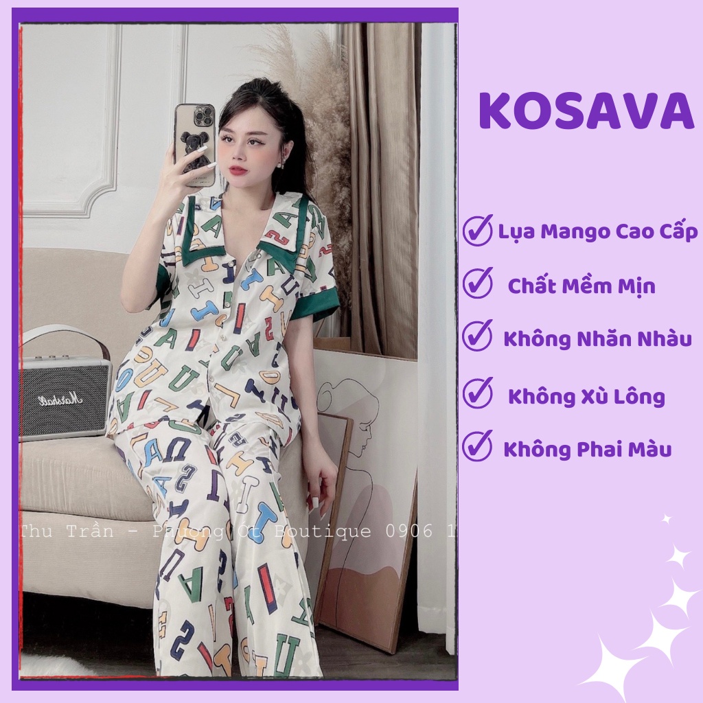 Đồ bộ nữ pijama mặc nhà cổ nhọn tay ngắn dễ thương chất liệu satin cao cấp KOSAVA