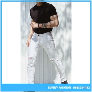 [SUNNY FASHION] Quần jeans nam dài màu trắng rách gối cá tính 1966