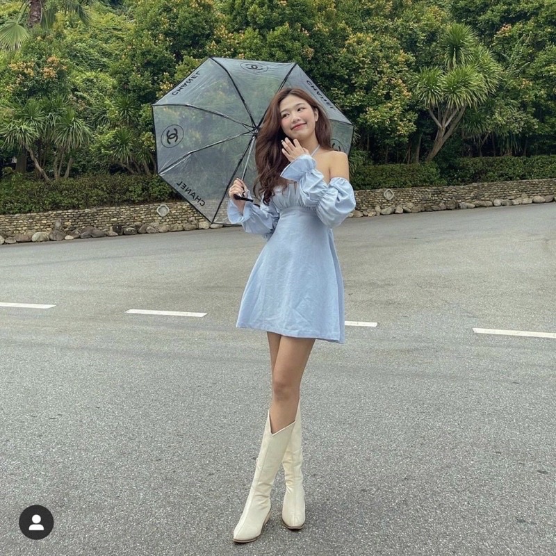 Đầm xanh cổ yếm rớt vai cut out lưng bochun Briebrie cao cấp chất liệu organza, sang chảnh 255