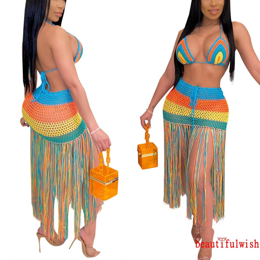 Bộ bikini cổ chữ V họa tiết kẻ sọc phối tua rua dài thời trang quyến rũ cho nữ
 | BigBuy360 - bigbuy360.vn