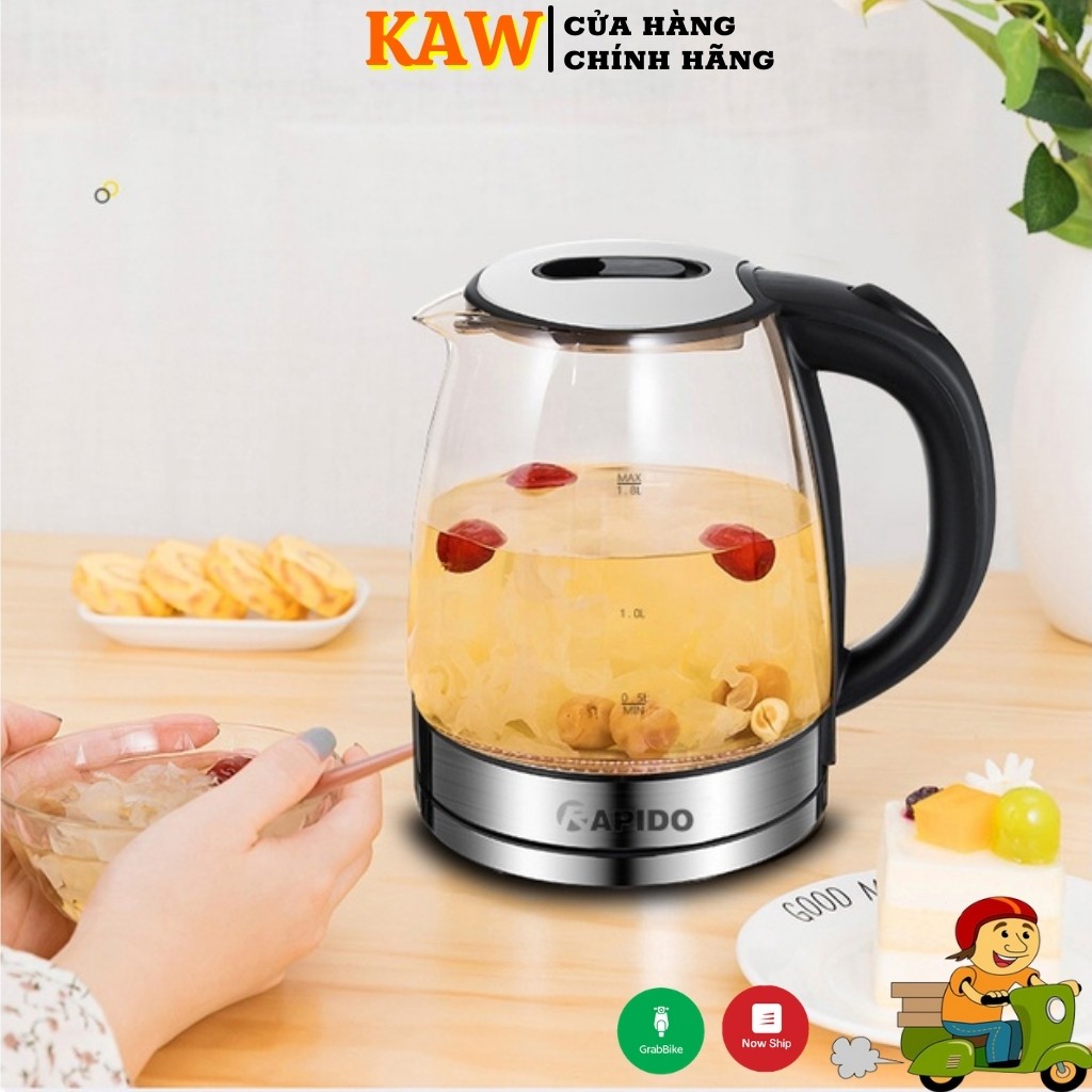 Bình Đun Nước, Siêu Tốc Thuỷ Tinh Rapido RK1818 Dung Tích 1.8L Đun Sôi Nước Nhanh, An Toàn, Tiết Kiệm Điện