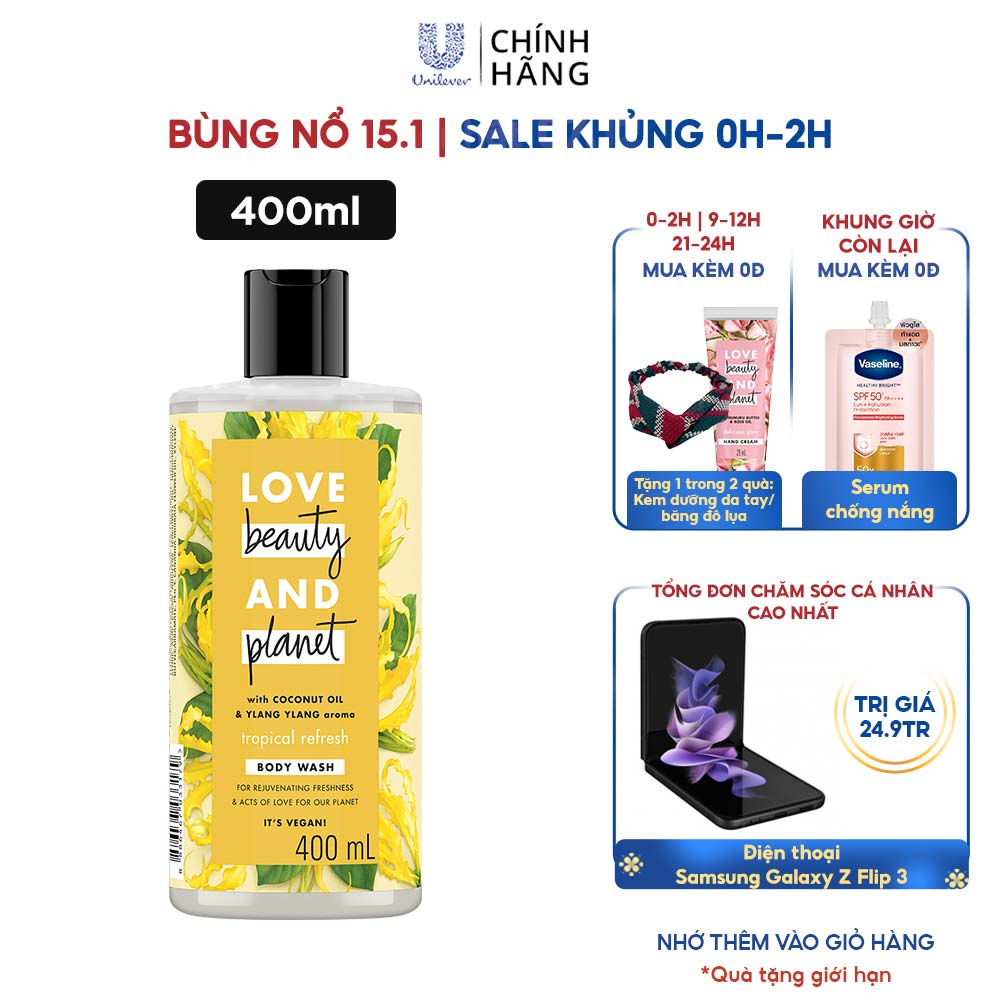 Sữa Tắm Lưu Hương Love Beauty &amp; Planet Sữa Tắm Nước Tropical Refresh Với 100% Tinh Dầu Ngọc Lan Tây 400Ml