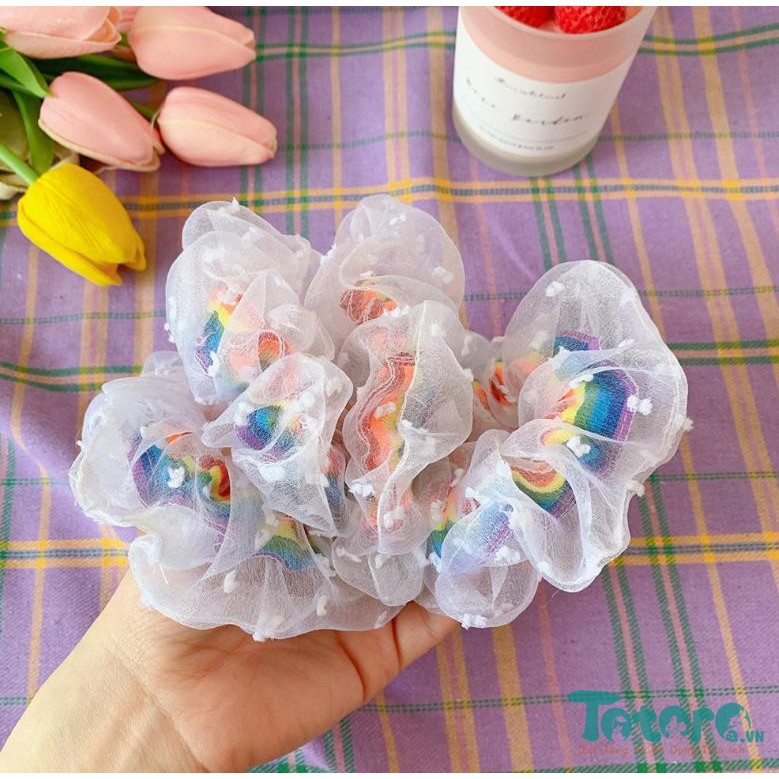 Thun buộc tóc Scrunchies trong suốt Hoa Cúc - Cầu Vồng - Hoa Sắc Màu - Hạt sắc màu Ánh kim Dâu Tây