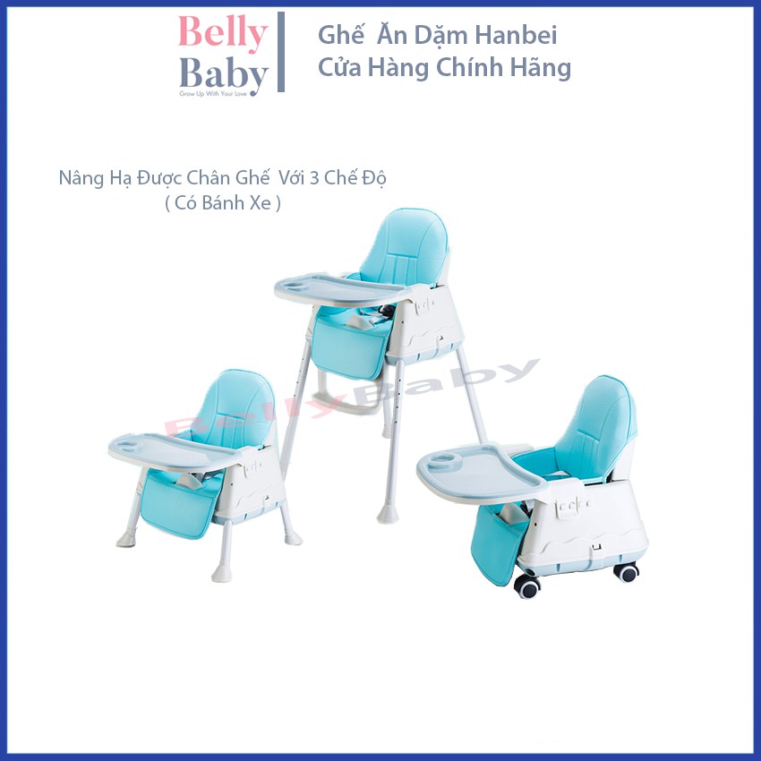 Ghế Ăn Dặm HanBei Điều Chỉnh Độ Cao 3 Mức Dành Cho Bé FULL Phụ Kiện Có Đệm + Có Bánh Xe - BellyBaby