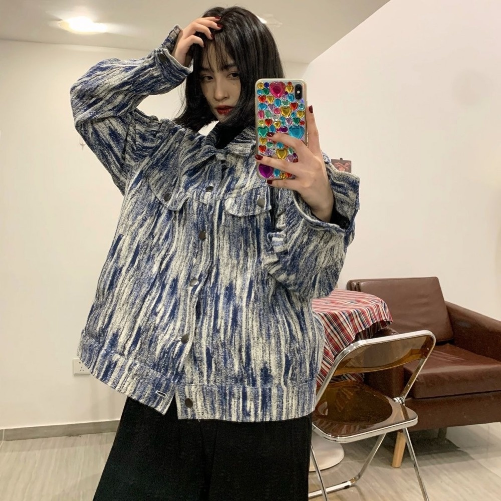 Áo khoác jean họa tiết hoa tuyết Vintage mới cho cặp đôi