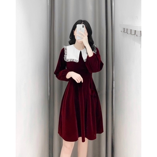 Váy nhung cổ phối ren