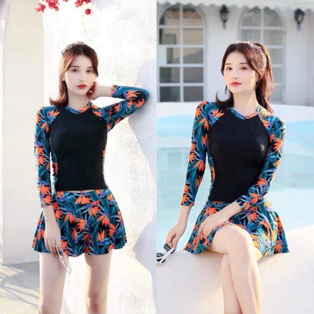Bikini Nữ 2 Mảnh Quần Đùi Váy Aó Dài Tay Phủ Bụng Kín Đáo Bin Sports BHV124