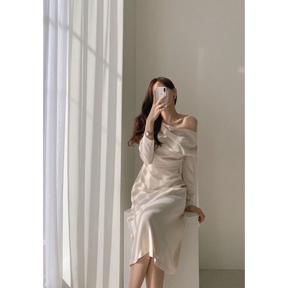 Đầm trễ vai cho nữ màu trơn dài tay phong cách sang trọng hàn quốc