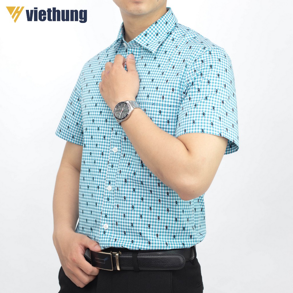 Áo Sơ Mi Nam Ngắn Tay Dáng Ôm VIỆT HƯNG Chất Vải Tổng Hợp Cotton Thoáng Mát Thiết Kế Vạt Bầu Họa Tiết Caro Nhiều Màu | BigBuy360 - bigbuy360.vn