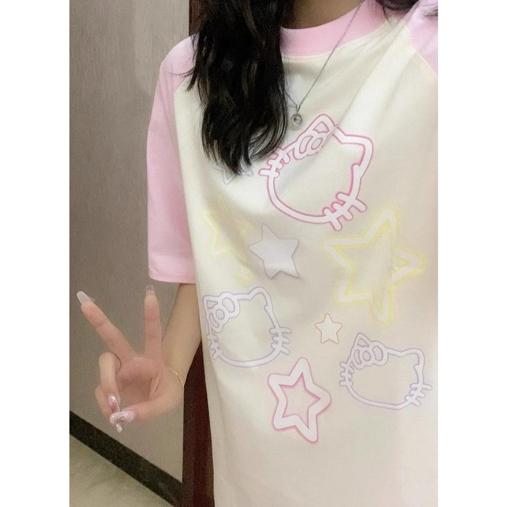 Ethelgirl Áo Thun unisex Dáng Rộng Tay Cộc In Họa Tiết Mèo Thời Trang Hàn Quốc