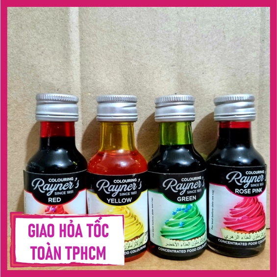 Màu thực phẩm Rayner's 28ml (xanh lá, đỏ, hồng đậm, vàng)