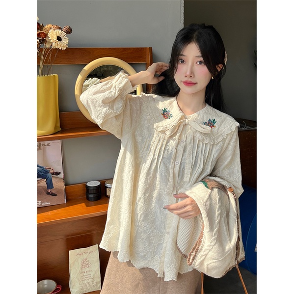 Áo khoác gile len nữ kiểu thêu hoa vintage, gile len nữ phối sơ mi form rộng cổ thêu 2700