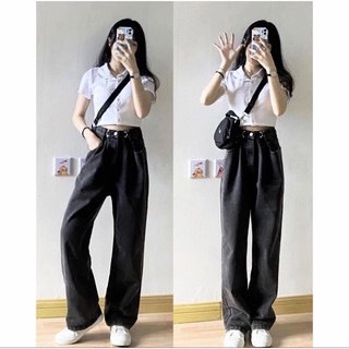 Quần Jeans Ống Rộng Ulzzang Lưng Cao Gài Eo 2 Màu Đen - Xanh QD023