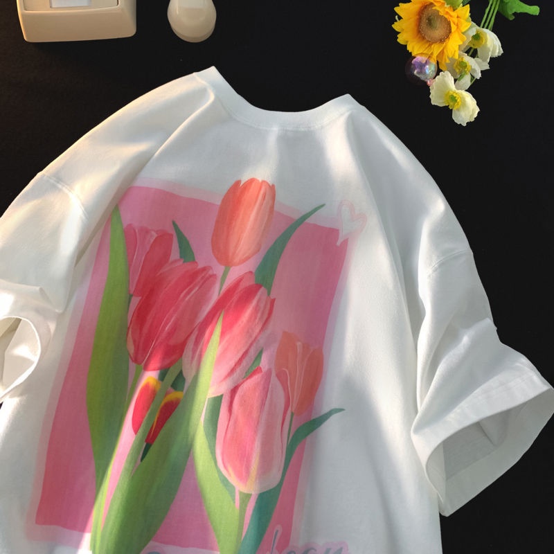 Áo Thun Tay Ngắn Họa Tiết Hoa Tulip Thời Trang Mùa Hè Mới Cho Nữ