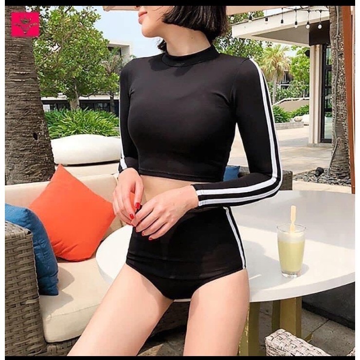 Bikini, Đồ Bơi Đi Biển Hai Mảnh Tay Dài Thể Thao Hai Sọc Trắng Quần Cạp Cao HM-011