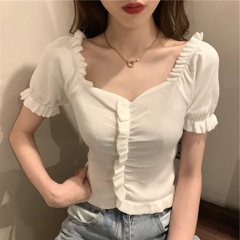 Áo Nữ Dệt Kim Mềm Mịn Mát Trễ Vai Tay Ngắn Quyến Rũ Cỗ Chữ V Viền Nhún Thời Trang - T21