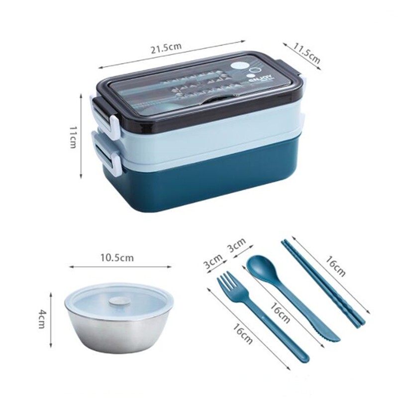 Hộp Đựng Cơm Trưa Hai Tầng Bằng Thép Không Gỉ 1300Ml Kèm Bát Ăn Súp Tiện Dụng