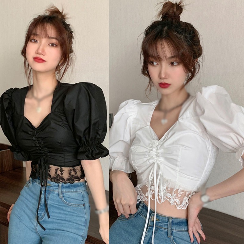 Áo kiểu nữ vải voan tay ngắn cổ chữ V phối ren thời trang xinh xắn