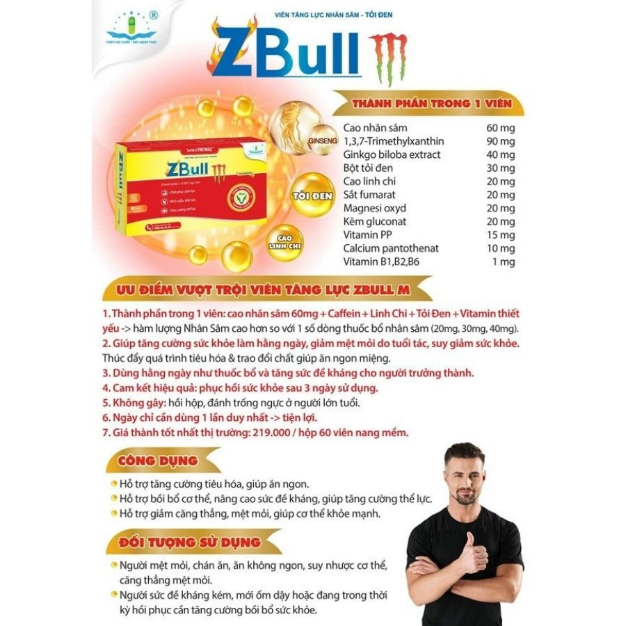 Zbull M New brand - Viên tăng lực cho người trưởng thành, giúp khỏe mạnh, tập trung, tỉnh táo, giảm stress - Hộp 60 viên